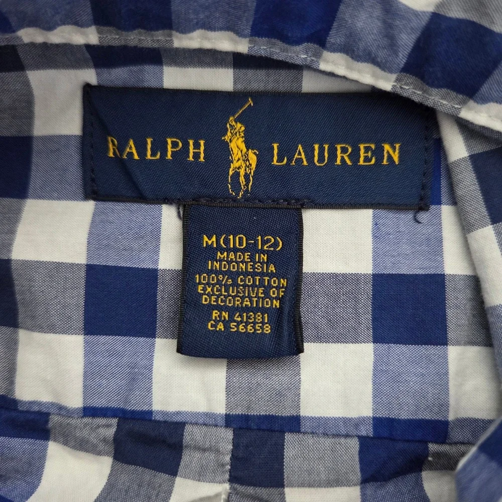 Ralph Lauren Button Down Blue Gingham Plaid Cotton Kids‎ Boys Size M 10-12